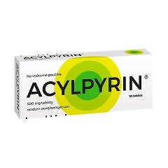 ACYLPYRIN 10 tabliet 500 mg: Balenie s 10 tabletami po 500 mg v bielom obale so zelenými a žltými kruhovými prvkami.