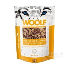 Pamlsok pre psov Woolf Chicken and Cod Sandwich 100g, ilustrácia vlčej hlavy a oranžové prvky na obale.