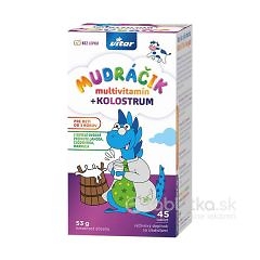 Krabička Vitar MUDR&Aacute;ČIK multivitam&iacute;n + kolostrum, 45 tabliet, pre deti od 3 rokov, obal s modr&yacute;m drakom s barelom a ovoc&iacute;m.