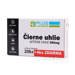 PLUS LEKÁREŇ Čierne uhlie 350 mg, 24 tabliet (20+4 zdarma), bez lepku, vegánske, bez laktózy a bez cukru.