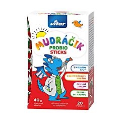 Farebn&eacute; balenie VITAR MUDR&Aacute;ČIK Probio Sticks jahoda 20 vrec&uacute;&scaron;ok s modr&yacute;m drakom v pl&aacute;&scaron;ti, jahodami a slovensk&yacute;m textom.