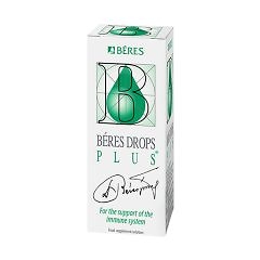 Biela &scaron;katuľa B&eacute;res Drops Plus kvapky 100 ml, v&yacute;živov&yacute; doplnok na podporu imunity so zelen&yacute;m logom a podpisom na obale.