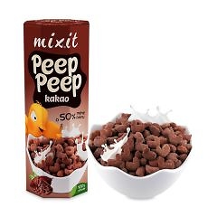 Krabica Mixit Cere&aacute;lie Peep Peep kakao 280g vedľa bielej misky s čokol&aacute;dov&yacute;m cere&aacute;liom a efektom mlieka.