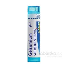 Modrý uzatvorený valcovitý tubus s nápisom Gelsemium Sempervirens 9CH 4g, používaný v homeopatii.