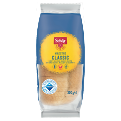 300g balenie Schär MAESTRO CLASSIC chlieb, bezlepkový chlieb, vo viditeľnom priehľadnom obale niekoľko mäkkých krajcov.