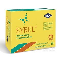 Syrel 30 kapsúl je žlté balenie doplnku stravy so selénom, bez lepku a laktózy, obsahuje 30 mäkkých kapsúl na denné užívanie.