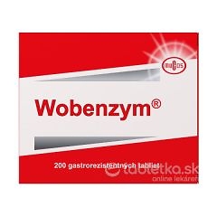 Červeno-biela škatuľa s označením Wobenzym 200 tabliet, logo Mucos vpravo hore, určené na podporu trávenia.