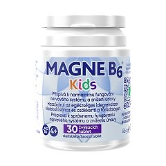 Biela fľaša MAGNE B6 Kids 30 žuvacích tabliet pre deti od 4 rokov, popis v slovenčine a maďarčine, podpora nervov.