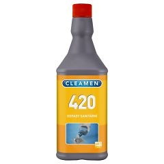 Plastová fľaša CLEAMEN 242 kuchynské odpady s dezichlórom, 1L, oranžový štítok, červený vrchnák, obrázok liatia do odtoku.
