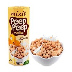 Vedľa krabice Mixit Cere&aacute;lie Peep Peep vanilka 280g je miska s cere&aacute;liami a mliekom.