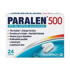 PARALEN 500 500mg, 24 tabliet: balenie s obrázkom dvoch bielych tabliet na obale, určené proti bolesti a horúčke.