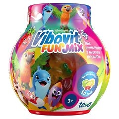 Farebn&yacute; obal multivitam&iacute;nov Vibovit+ FUNMix v podobe žel&eacute; s ovocnou pr&iacute;chuťou, 1x200 g, určen&yacute;ch pre deti od 3 rokov, na ktorom s&uacute; vyobrazen&eacute; kreslen&eacute; zvieratk&aacute; a s&uacute; na ňom vyznačen&eacute; ovocn&eacute; pr&iacute;chute.
