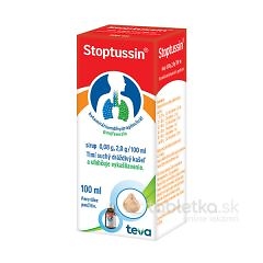 Stoptussin sirup 100ml, viditeľn&eacute; logo a d&aacute;vkovanie. Pom&aacute;ha pri takomto ka&scaron;li a uľahčuje vyka&scaron;liavanie.