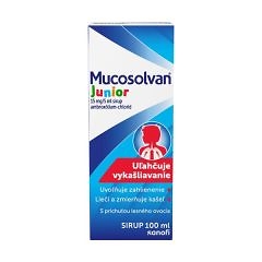MUCOSOLVAN Junior 100ml &scaron;katuľa so slovensk&yacute;m textom a siluetou dieťaťa, určen&yacute; ako sirup proti ka&scaron;ľu pre deti.