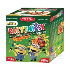 Terezia RAKYTN&Iacute;ČEK multivitam&iacute;nov&eacute; želat&iacute;nky s rakytn&iacute;kom MIMONI, 70ks, 280g: &scaron;katuľa s obr&aacute;zkami ovocia a post&aacute;v Mimoni.