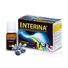 Krabička a fľaša výživového doplnku ENTERINA 8x10 ml s čučoriedkami vpredu, na obale je zobrazená dúhová grafika.