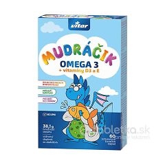 VITAR MUDR&Aacute;ČIK OMEGA 3 + vitam&iacute;ny D3 a E, žuvacie kapsule tutti-frutti (60 ks), na obale modr&yacute; drak, určen&eacute; pre deti.