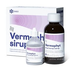 Pred 60ml fľašou ENEO Vermophyt sirupu sa nachádza krabička so rovnakým dizajnom, produkt na podporu trávenia.