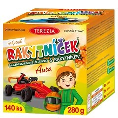 Krabica Terezia RAKYTN&Iacute;ČEK+ želat&iacute;nky červen&eacute; veľkonočn&eacute; vajce (2026) 50ks, česk&yacute; text, kreslen&yacute; chlapec s helmou, červen&eacute; auto, rakytn&iacute;k.
