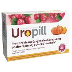 Uropill 30 tabliet - doplnok s extraktom z tekvice, vitamínom C a selénom na močové cesty. Text v slovenčine.