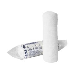 Biela elastická fixačná bandáž Peha-fix 12 cm x 4 m stojí vzpriamene vedľa svojho priehľadného obalu.