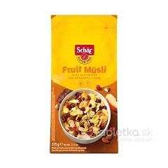Žlt&yacute; obal Sch&auml;r Fruit M&uuml;sli, 375g, je zobrazen&yacute; s miskou ovocn&eacute;ho m&uuml;sli na prednej strane balenia.