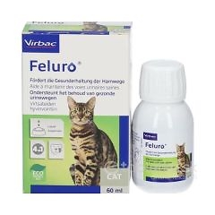 Feluro pre mačky 60ml, tekutý doplnok s brusnicovým extraktom, krabička a fľaša s obrázkom tigrastej mačky na obale.