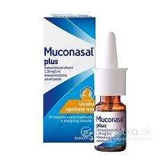 Fľaša MUCONASAL PLUS sprej do nosa 10 ml s aplikátorom, obsahuje tramazolín hydrochlorid, určený na upchatý nos.