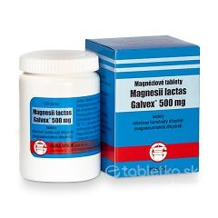 Biela fľaša a modro-červeno-biela škatuľka Magnesii lactas Galvex 500mg 100 tabliet, popis v slovenčine s dávkovaním.