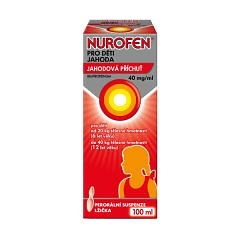 Červeno-biela &scaron;katuľa NUROFEN pre deti 4% jahoda sirup od 6 rokov, 100 ml s d&aacute;vkovan&iacute;m a siluetou dieťaťa na obale.