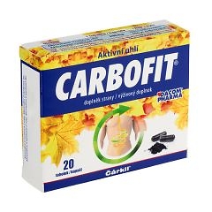 Balenie CARBOFIT Čárkll 20 kapsúl s motívom jesenných listov a ilustráciou tráviaceho systému, určené na detoxikáciu.