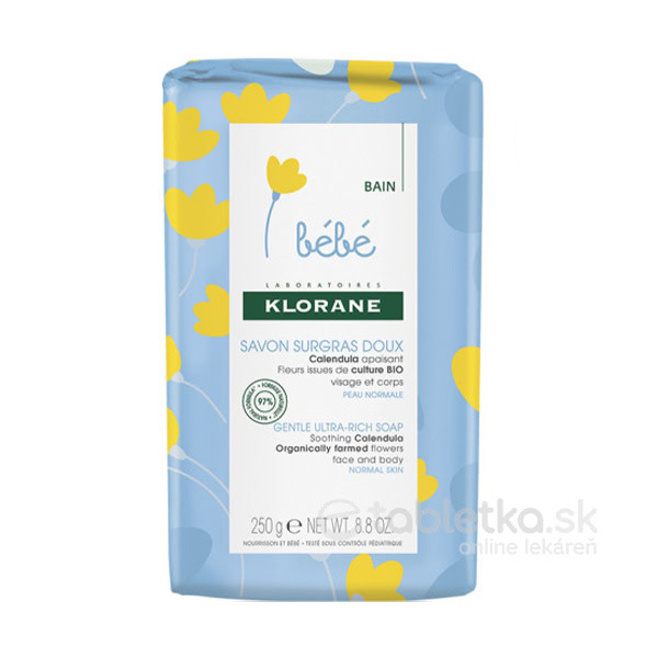 Klorane Bébé Savon Surgras Doux mydlo 250g, modro-žltý obal, určený na normálnu pokožku tváre a tela.
