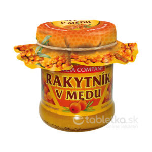 Na pohári TEREZIA Rakytník v mede 250g sú zobrazené plody rakytníka a dizajn včelieho plástu na viečku a obale.