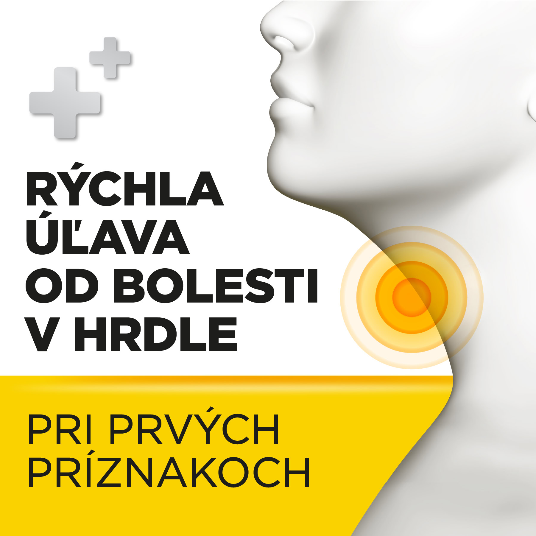 5909990645169_SI-1 Grafika s bočným pohľadom na krk osoby, zvýraznené miesto bolesti, slovenský text o Strepsils Med a Citrón 36 pastiliek.