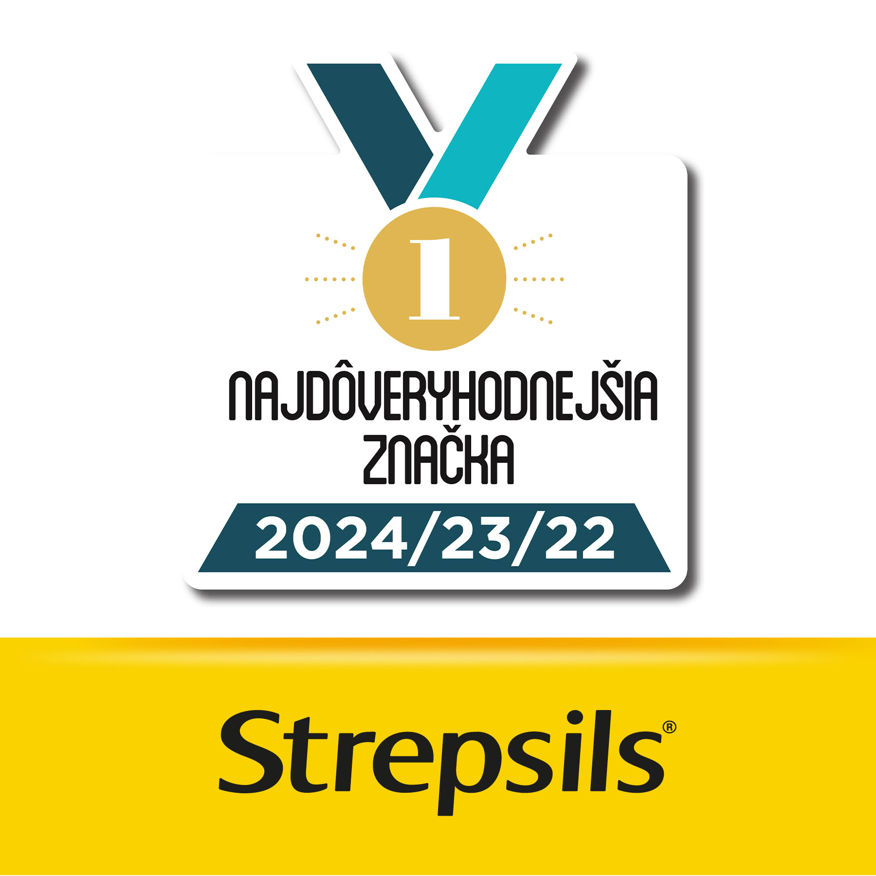 SK_Strepsils Honey Lemon FINAL Zlatá medaila s číslom 1 a textom "Najdôveryhodnejšia značka 2024/23/22" nad logom Strepsils Med a Citrón 36 pastiliek na žltom pozadí.