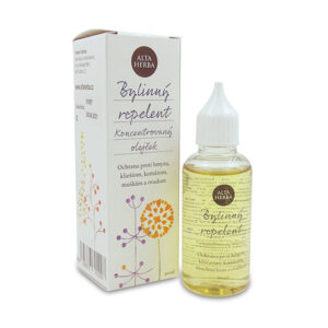 Fľaša ALTA HERBA Bylinný repelent - olejček 50 ml a krabička s českými etiketami, rastlinným motívom a popisom produktu.