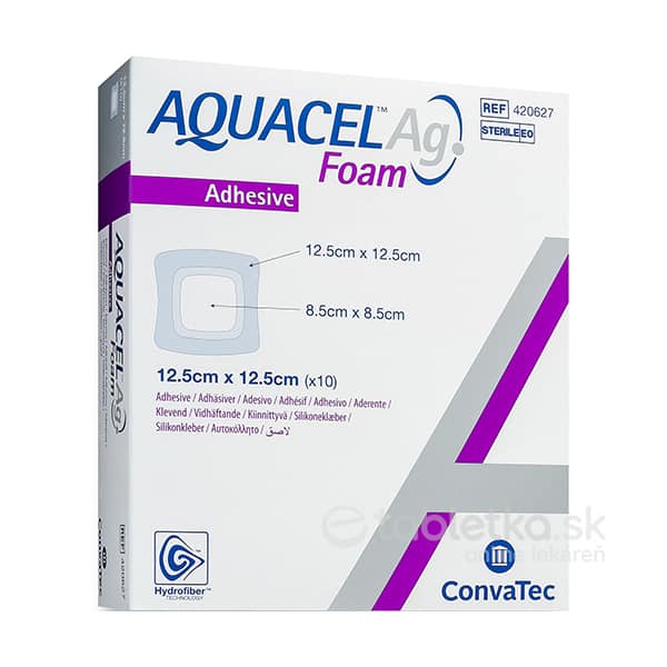 E-shop AQUACEL Ag foam Hydrofiber krytie na rany adhezívne so striebrom, 12,5 x12,5 cm, 1x10 ks