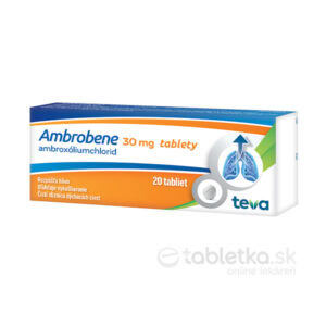 Ambrobene 30 mg, 20 tabliet: balenie s logom a ilustráciou pľúc, určené na uľahčenie vyliečenia a odstránenie hlienu.