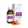 Fľaša a škatuľa Barny's Detský HypnoX 120 ml, rozliaty sirup pred nimi, na obale mesiac, hviezdy a fialové prvky.