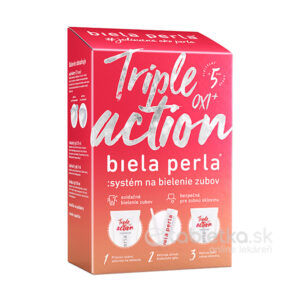 Červeno-biela škatuľka Biela perla Triple action OXI+ systém na bielenie zubov 1x1 set s informáciami o ústnej hygiene v slovenčine.