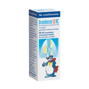Krabička Bromhexin 12 BC kvapky 30 ml, vpredu kreslený klokan s dáždnikom, zobrazený slovenský text.