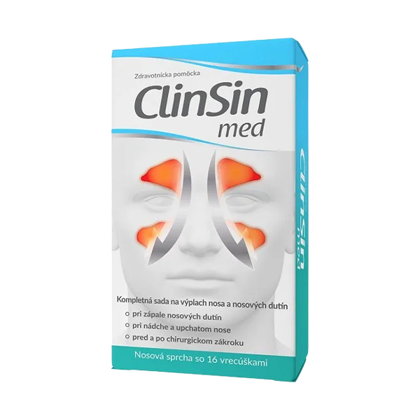 CLIN SIN med + irigator - sada na výplach nosa, vrecúška 16ks Krabica CLIN SIN med + irigátor, sada na výplach nosa, 16 vrecúšok, schéma dutín a slovenský opis postupu očisty.