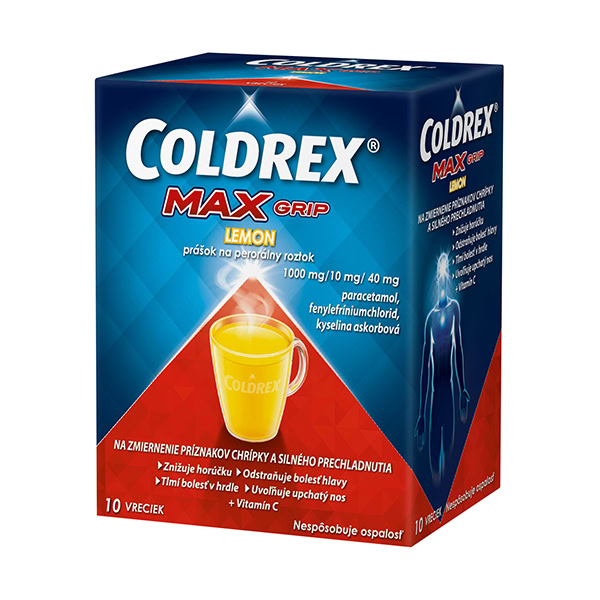 COLDREX MAXGRIP Lemon 10 vreciek COLDREX MAXGRIP Lemon 10 vreciek je prášok na prípravu nápoja s paracetamolom, fenylefrínom a vitamínom C na úľavu od príznakov.