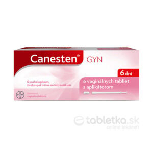 Canesten GYN 6 vaginálne tablety 100 mg, 6 ks, aplikátor, antimykotikum, informácie v slovenčine.