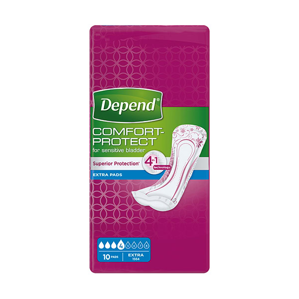 Depend Extra 10ks Balenie Depend Extra 10ks obsahuje 10 vložiek so 4-v-1 ochranou pre citlivý močový mechúr, na obrázku kvetinový vzor.