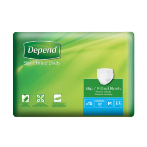 Balenie Depend Slip Normal M plienkové nohavičky, stredná veľkosť, bežná savosť, zeleno-modrý dizajn, 15 kusov.