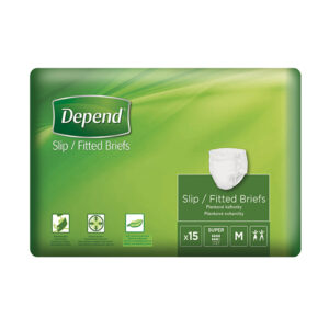 Depend Slip Super M plienkové nohavičky v zelenej krabici, veľkosť M, 15 ks. Na obale sú ikony a informácie o vlastnostiach.