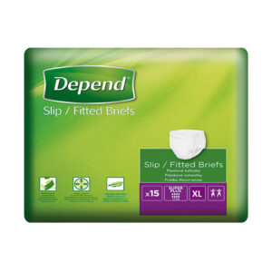Balenie Depend Slip Super Plus XL plienkové nohavičky 15ks, veľkosť XL, na zelenom a fialovom pozadí.
