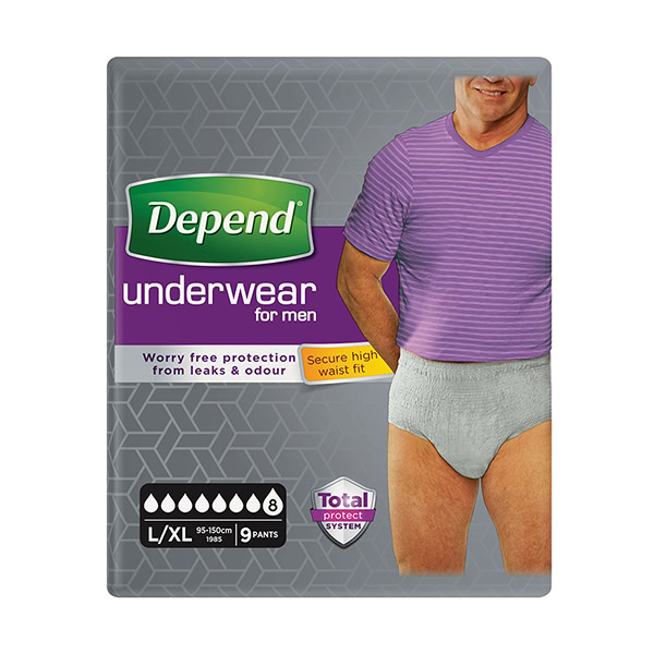 Depend Super LXL pánske naťahovacie nohavičky 9ks Depend Super L/XL pánske naťahovacie nohavičky 9ks, balenie s fotografiou muža, zvýraznený vysoký pás a ochrana.