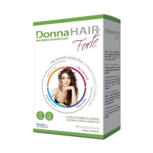 Krabička Donna HAIR Forte 30 kapsúl, výživový doplnok na vlasy, s informáciami o produkte a zvýraznenými benefitmi na obale.